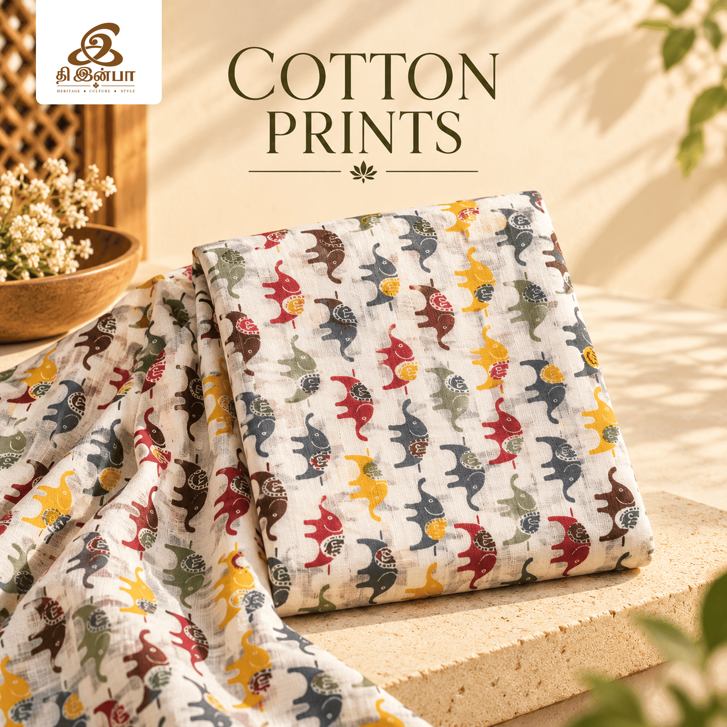 Elephant White cotton Fabric