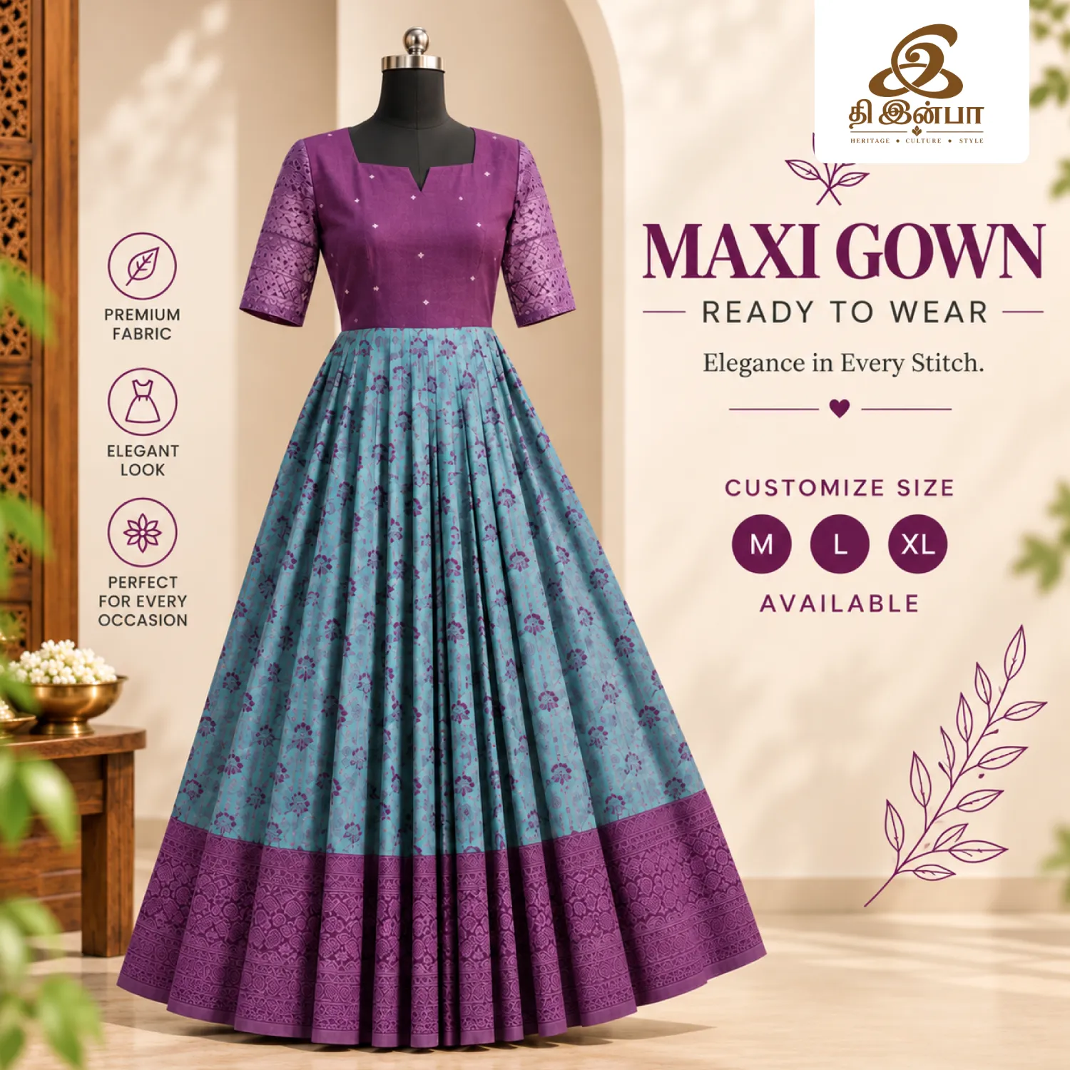 Elegant Purple & Teal Floral Maxi Gown