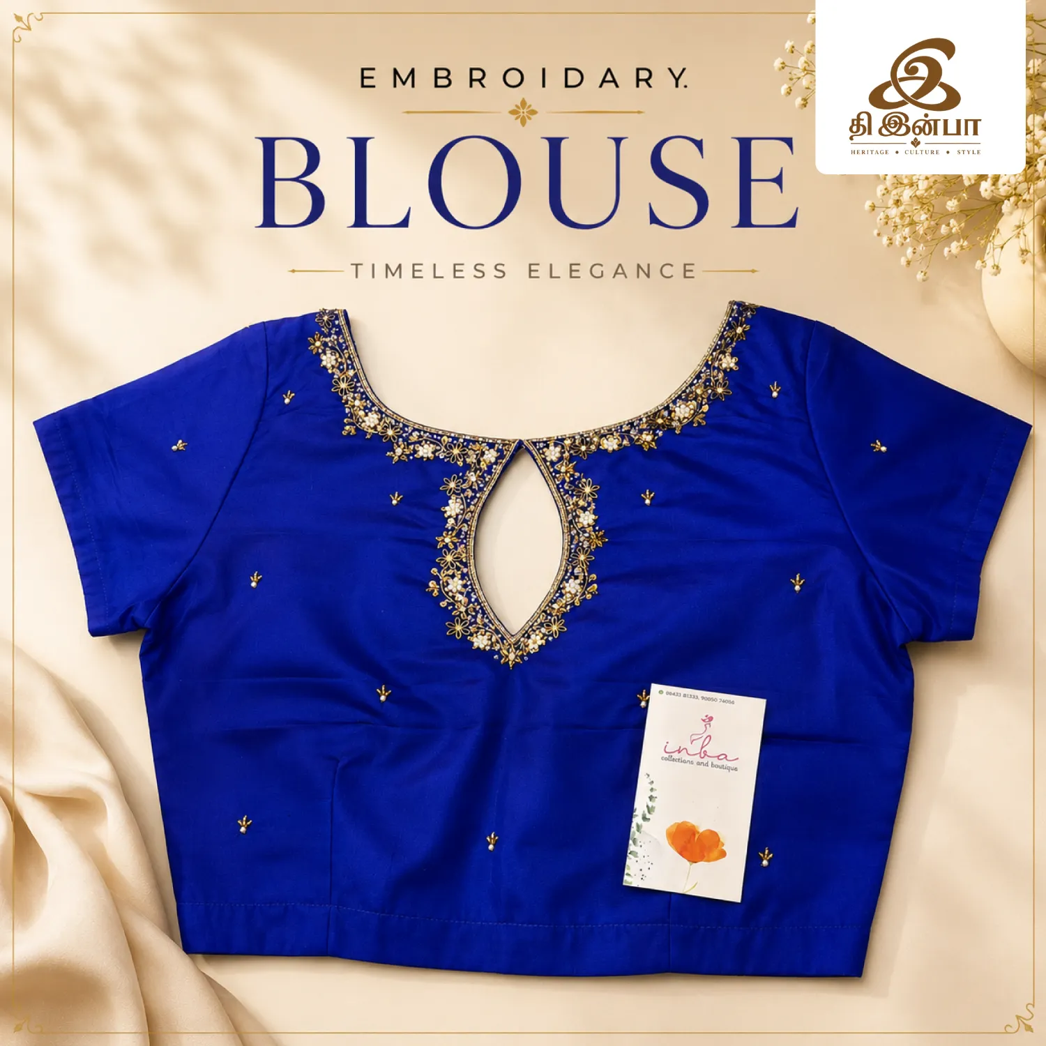 Royal Blue Neck Embroidery Blouse