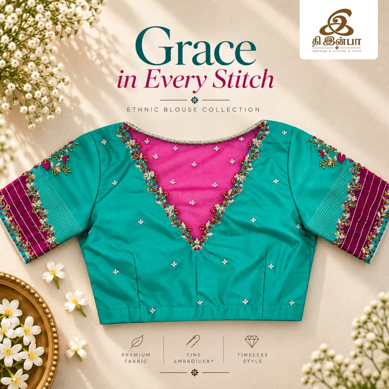 Teal & Pink Embroidery Blouse