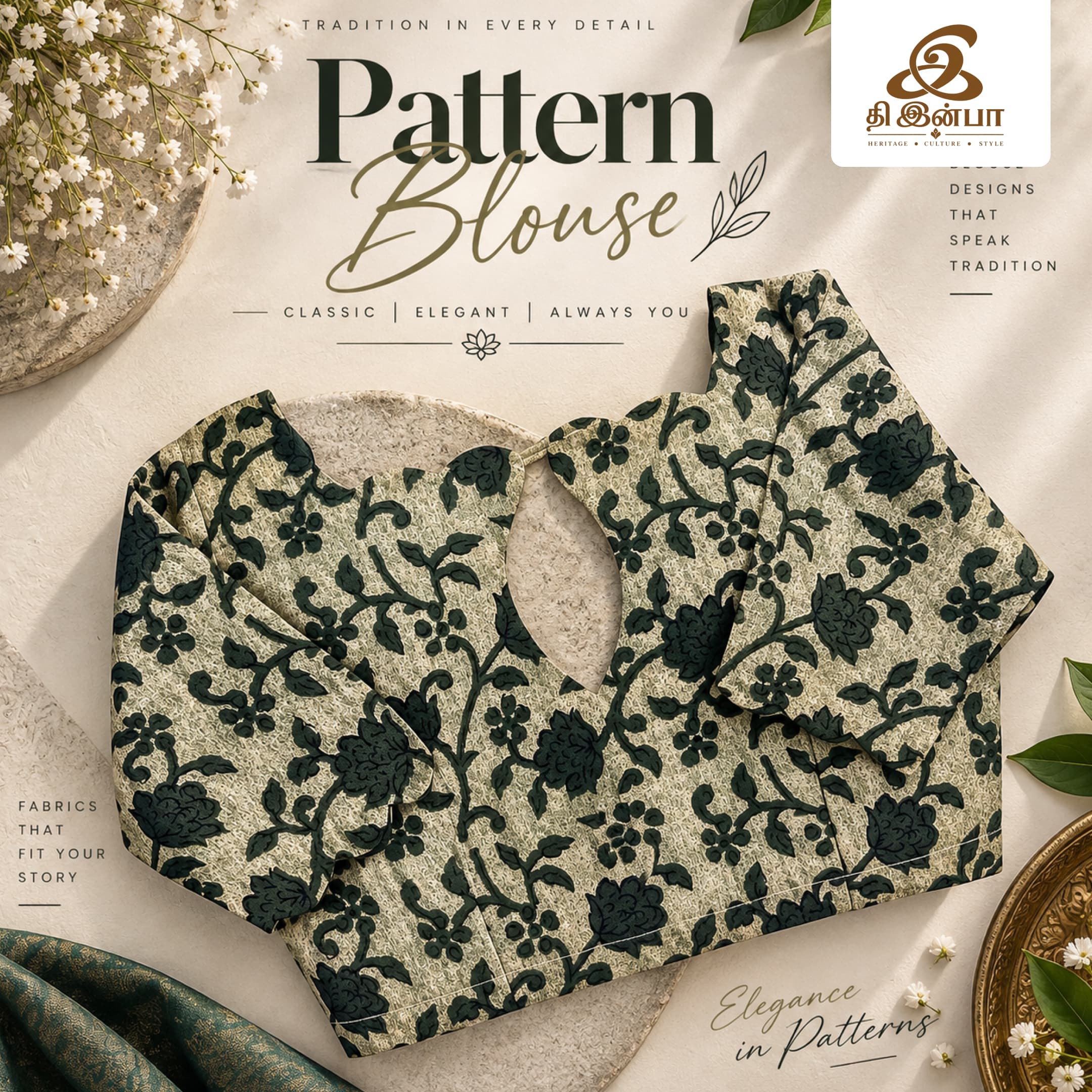 Black & Beige Floral Pattern Blouse
