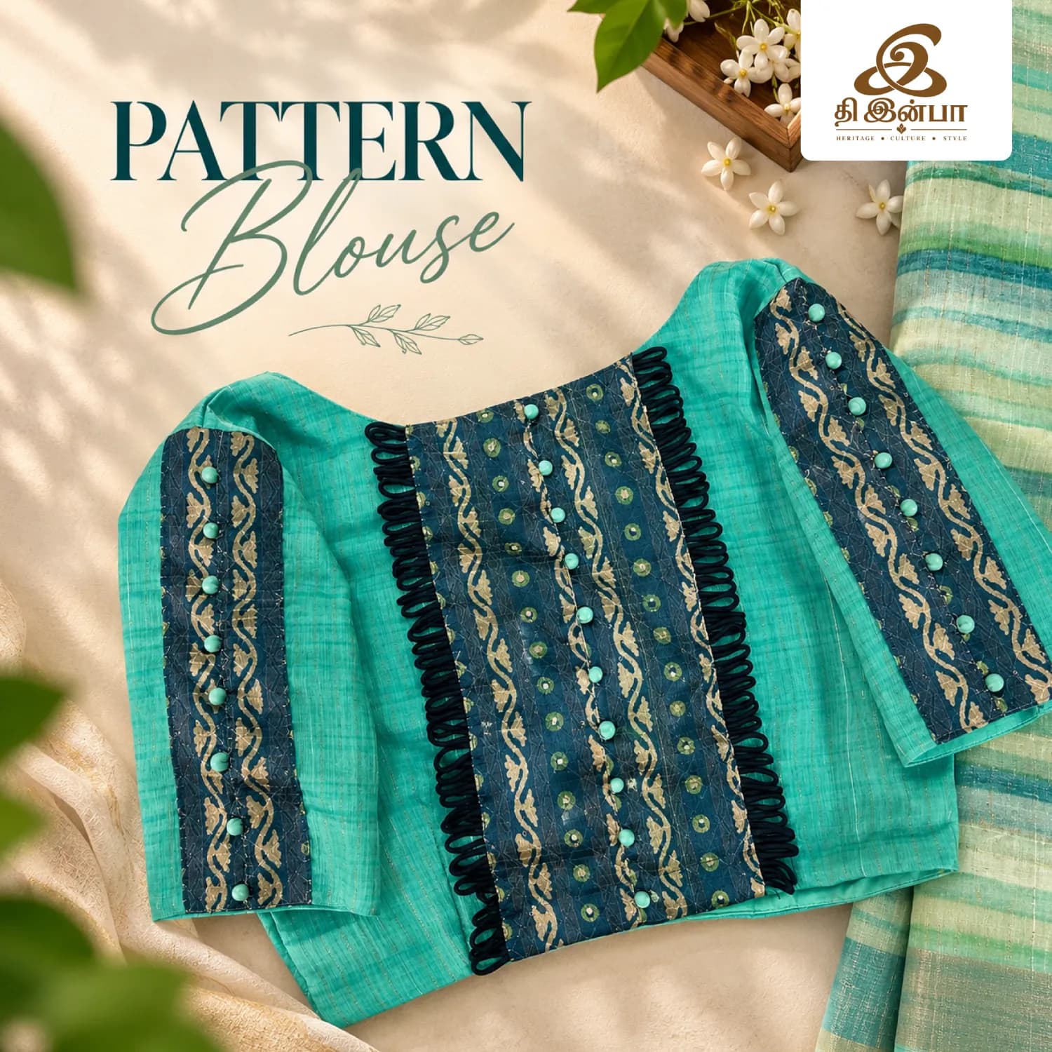 Teal Blue Embellished Pattern Blouse