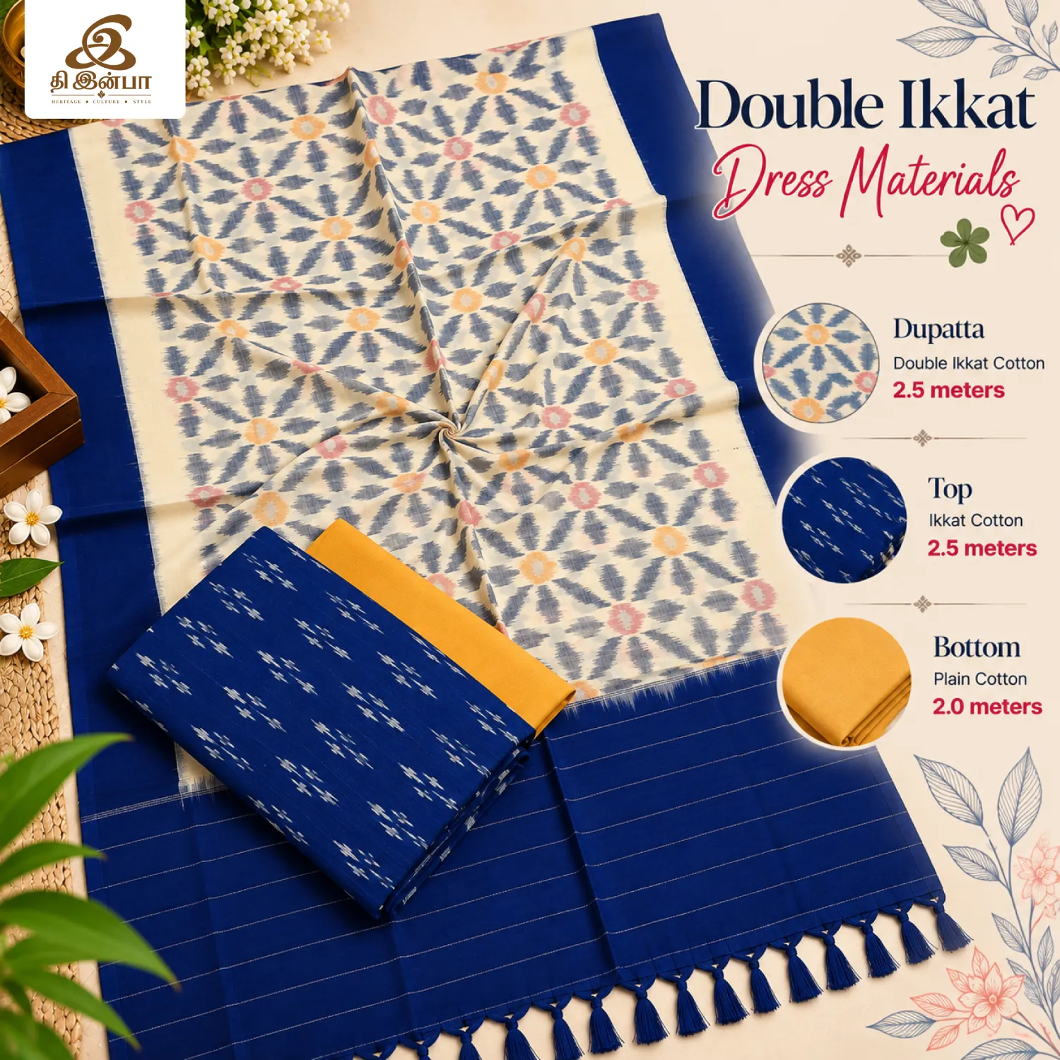 Ivory & Royal Blue Double Ikkat Dress Material