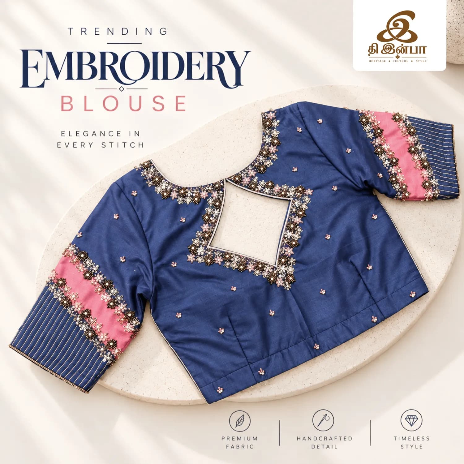 Navy Blue & Pink Embroidery Blouse