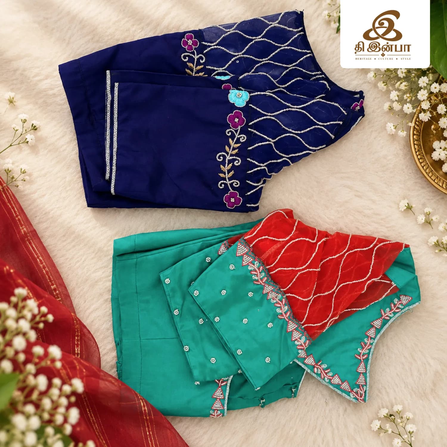 Navy Blue & Teal Embroidery Blouse Set