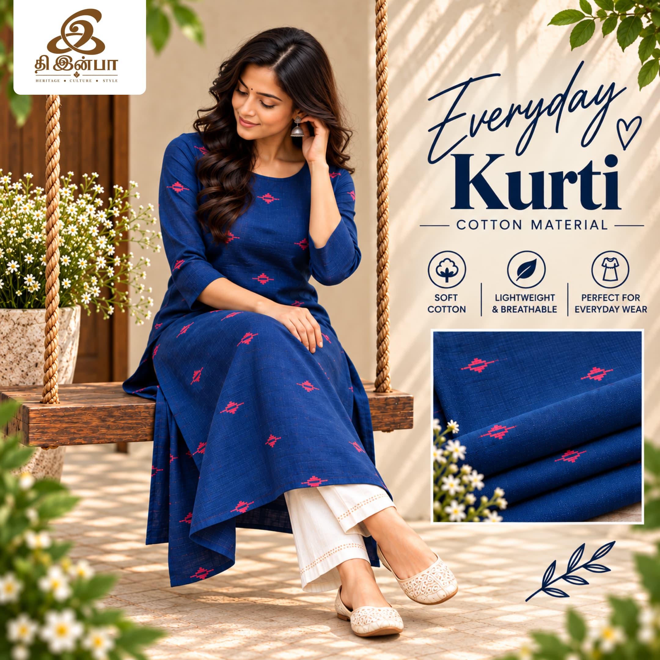 Navy Blue Floral Ikkat Cotton Kurti