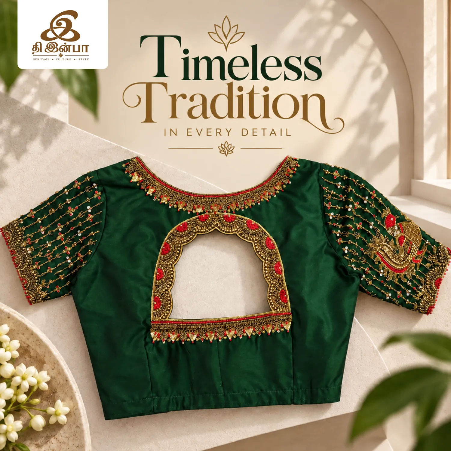 Deep Green Gold-Embroidery Blouse