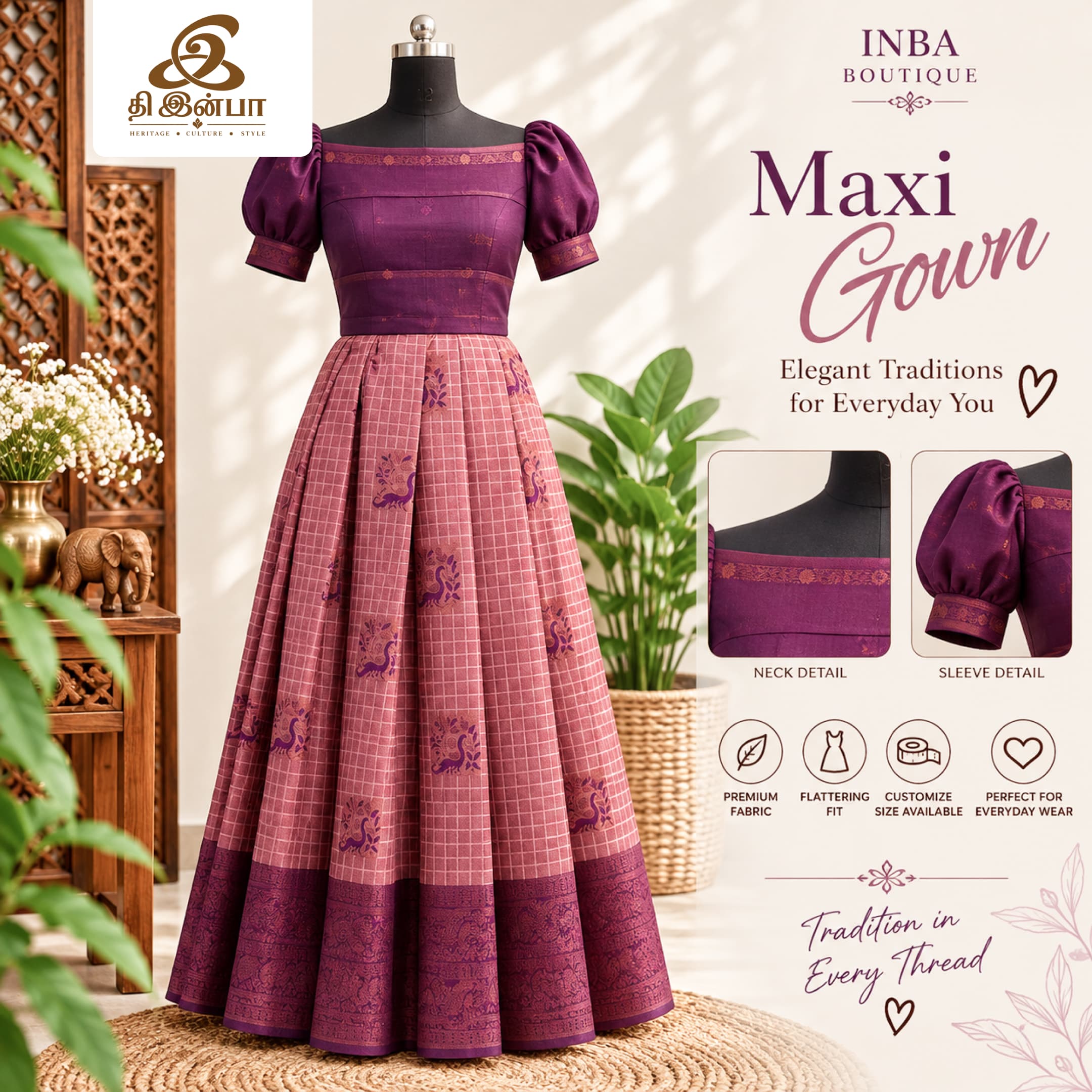 Wine Printed Pleated Maxi Gown