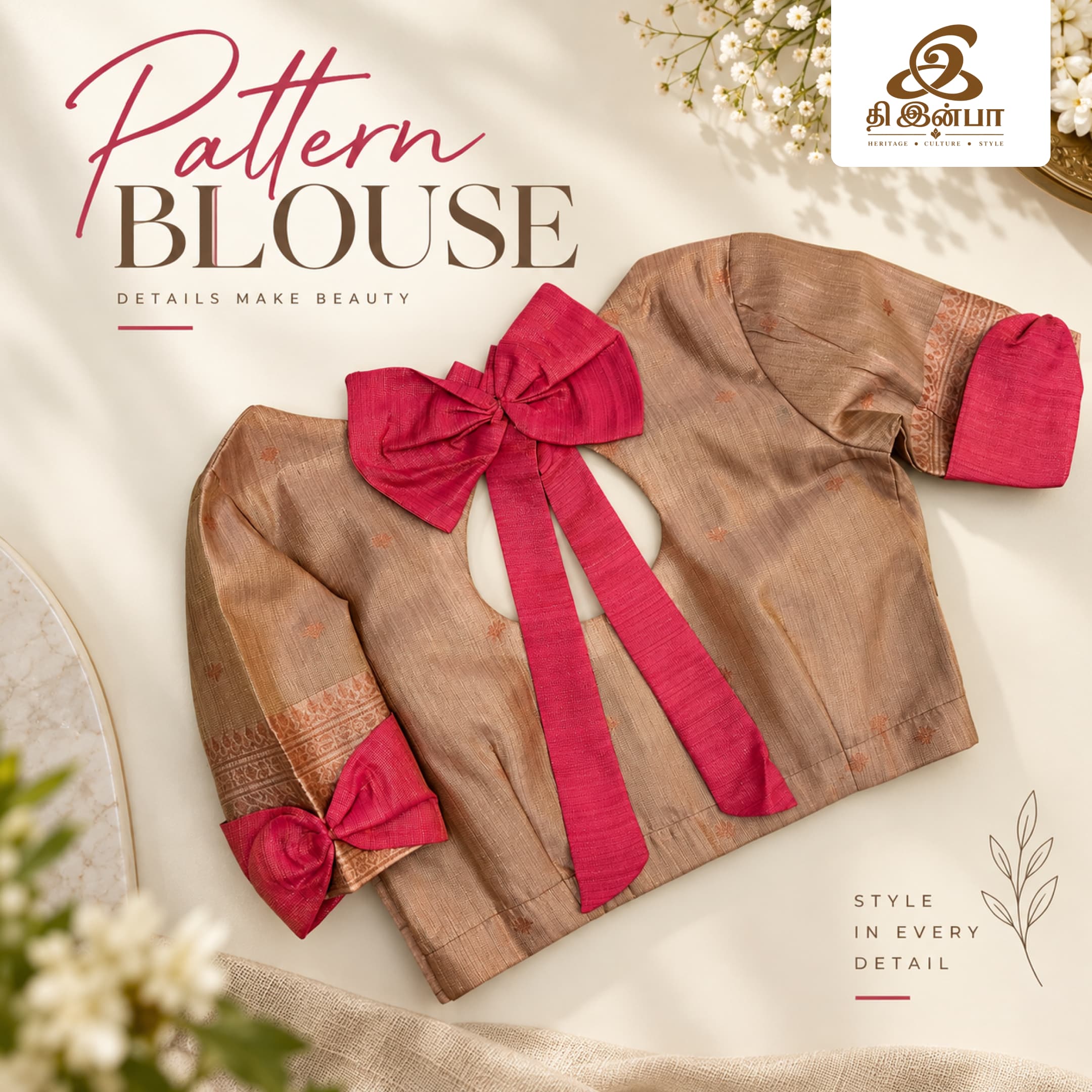 Beige & Red Bow Pattern Blouse