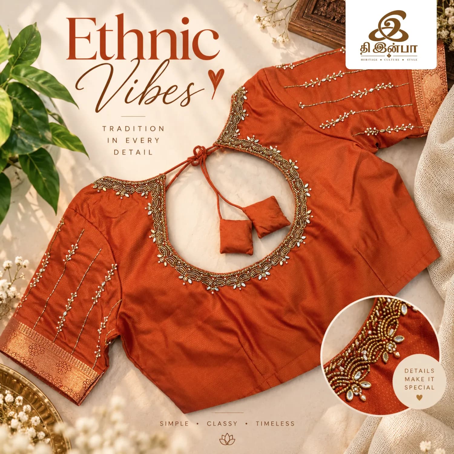 Orange Ethnic Embroidery Blouse