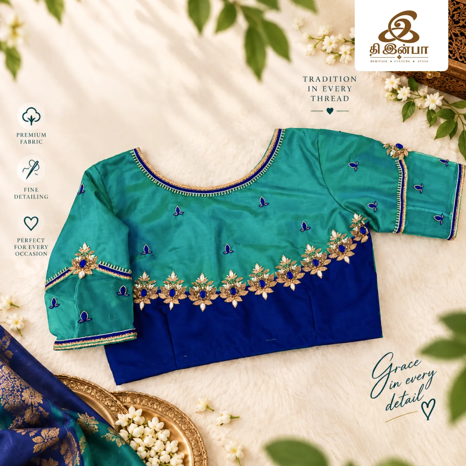 Turquoise & Blue Embroidery Blouse