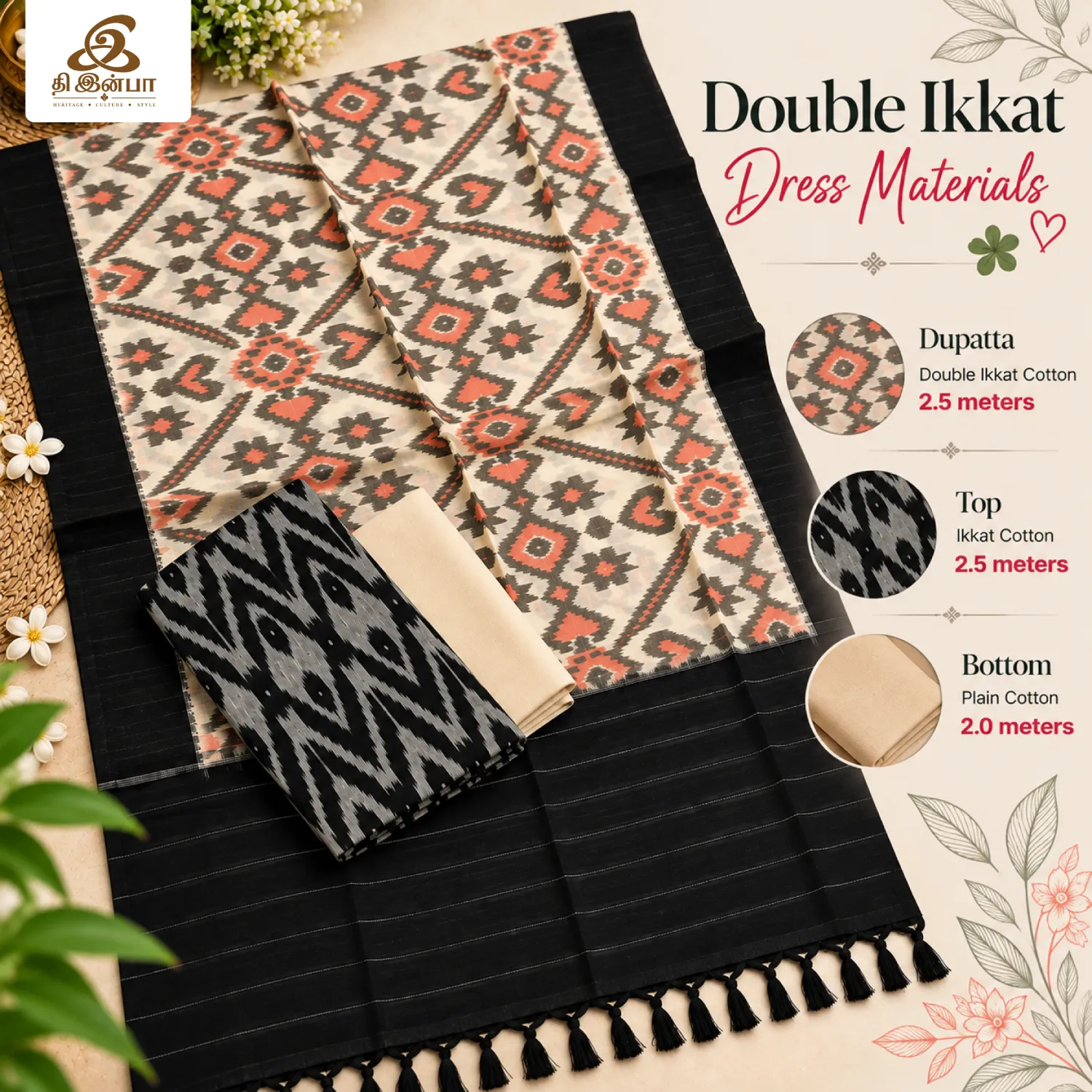 Beige & Black Double Ikkat Dress Material