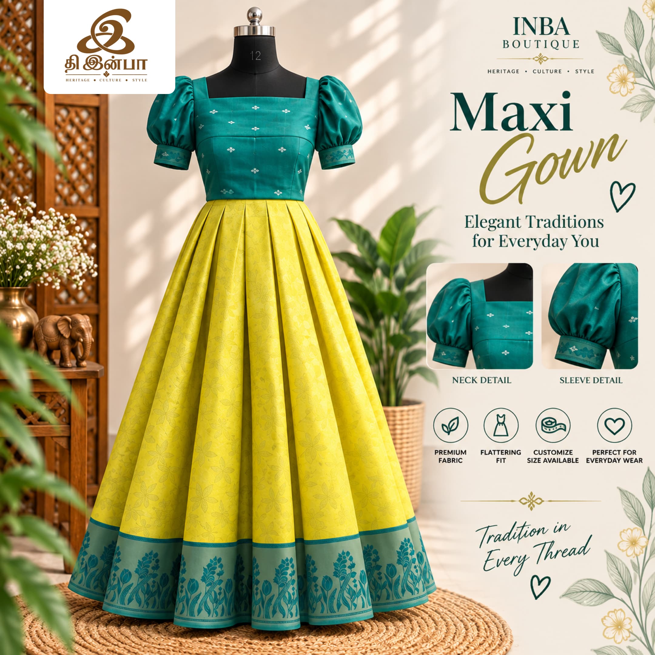 Mustard Yellow & Teal Maxi Gown