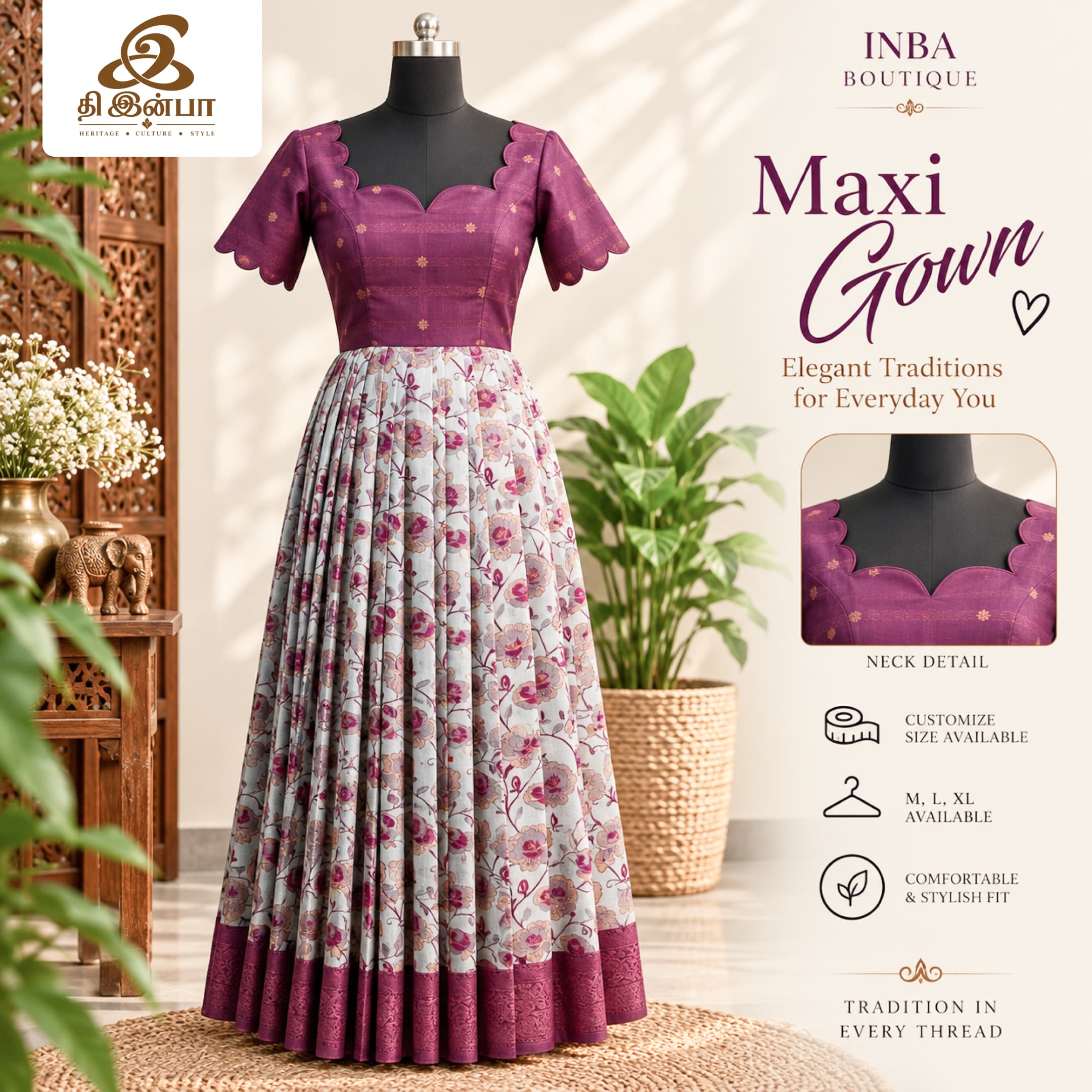 Wine Floral Pleated Maxi Gown