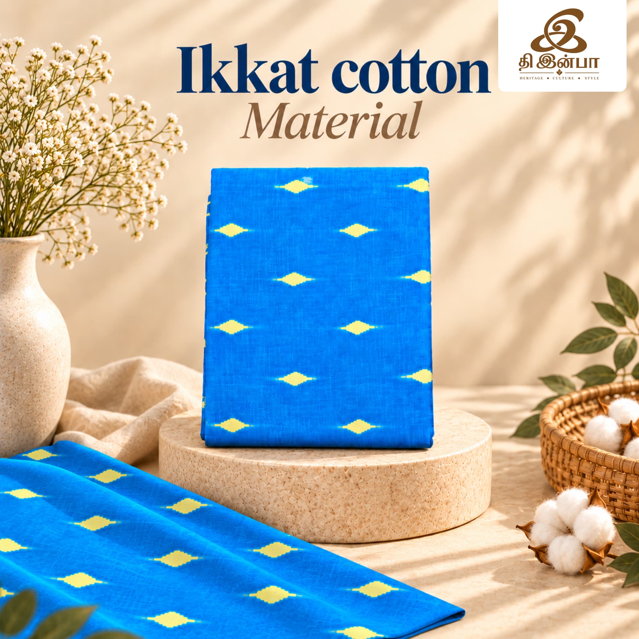 Blue & Yellow Ikkat Cotton (Per Meter)