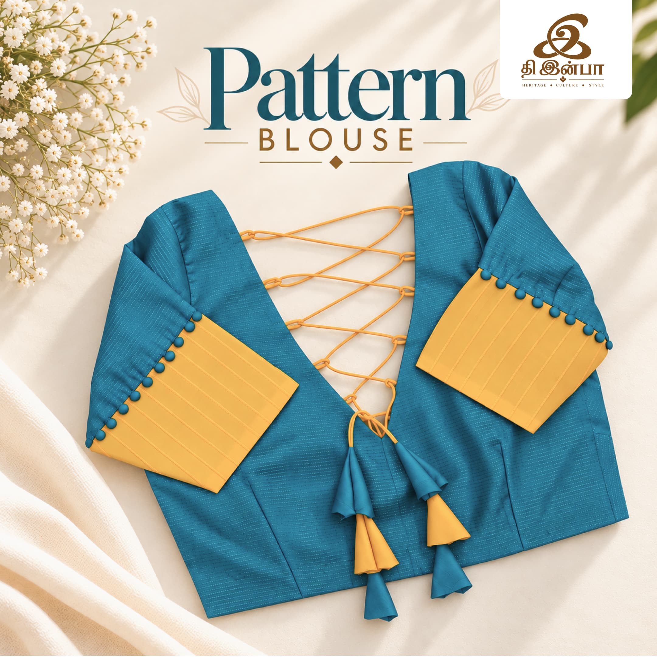 Aqua Blue & Mustard Tie-Up Blouse