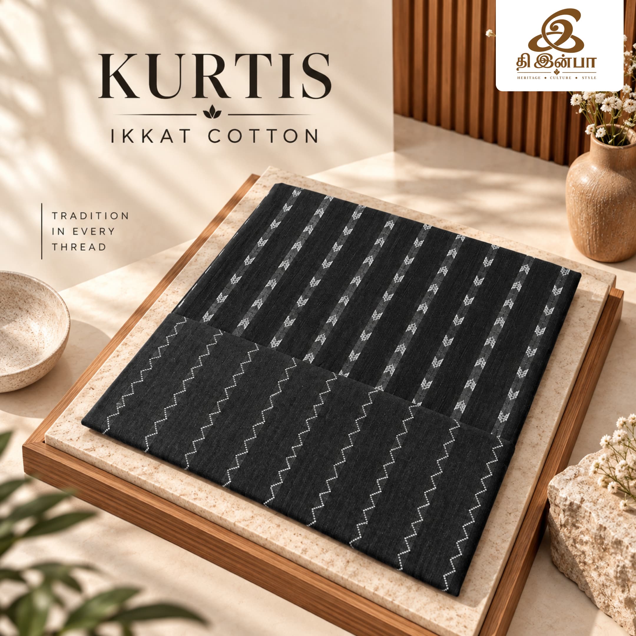 Black & Grey Striped Ikkat Cotton Kurti