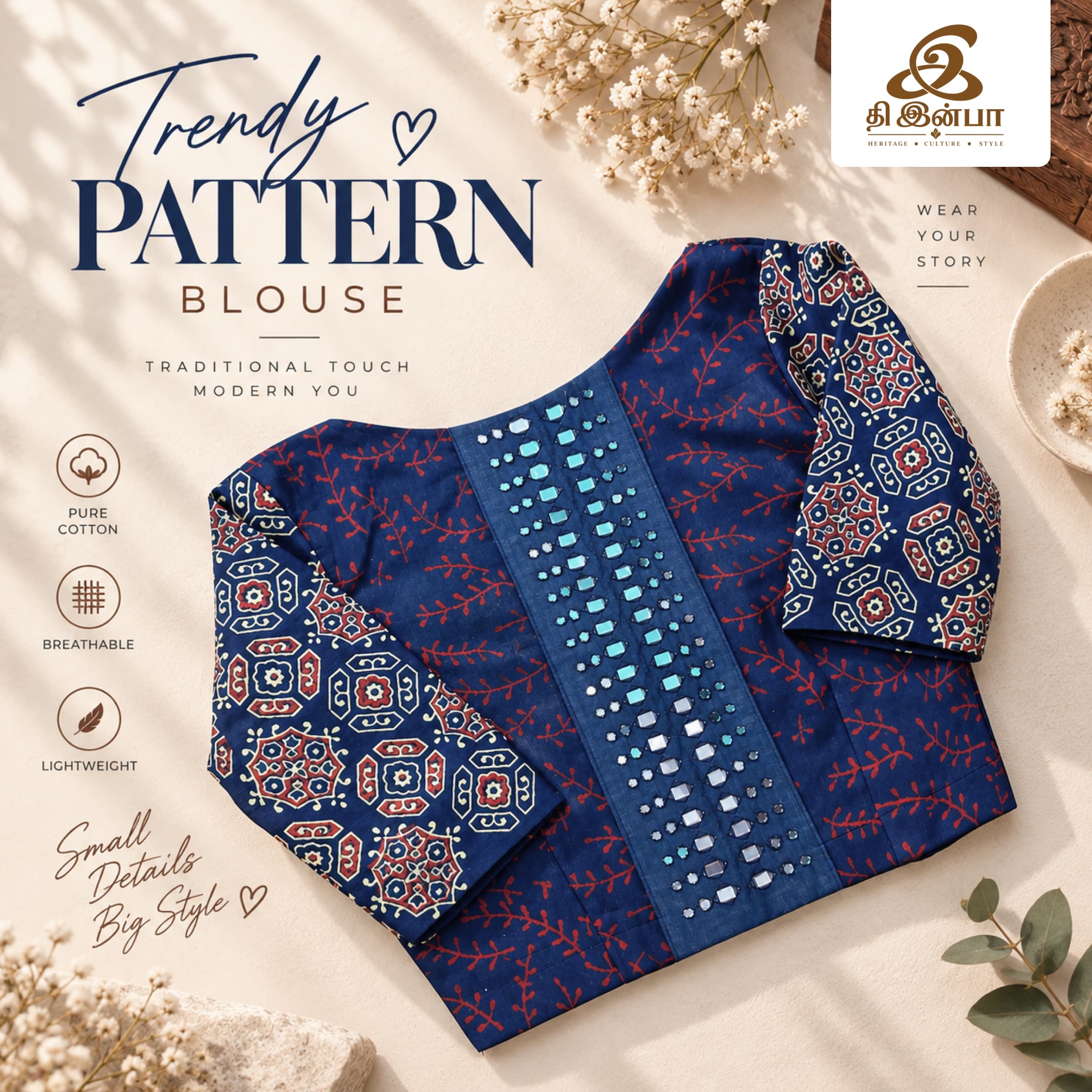 Navy Blue Floral Pattern Blouse