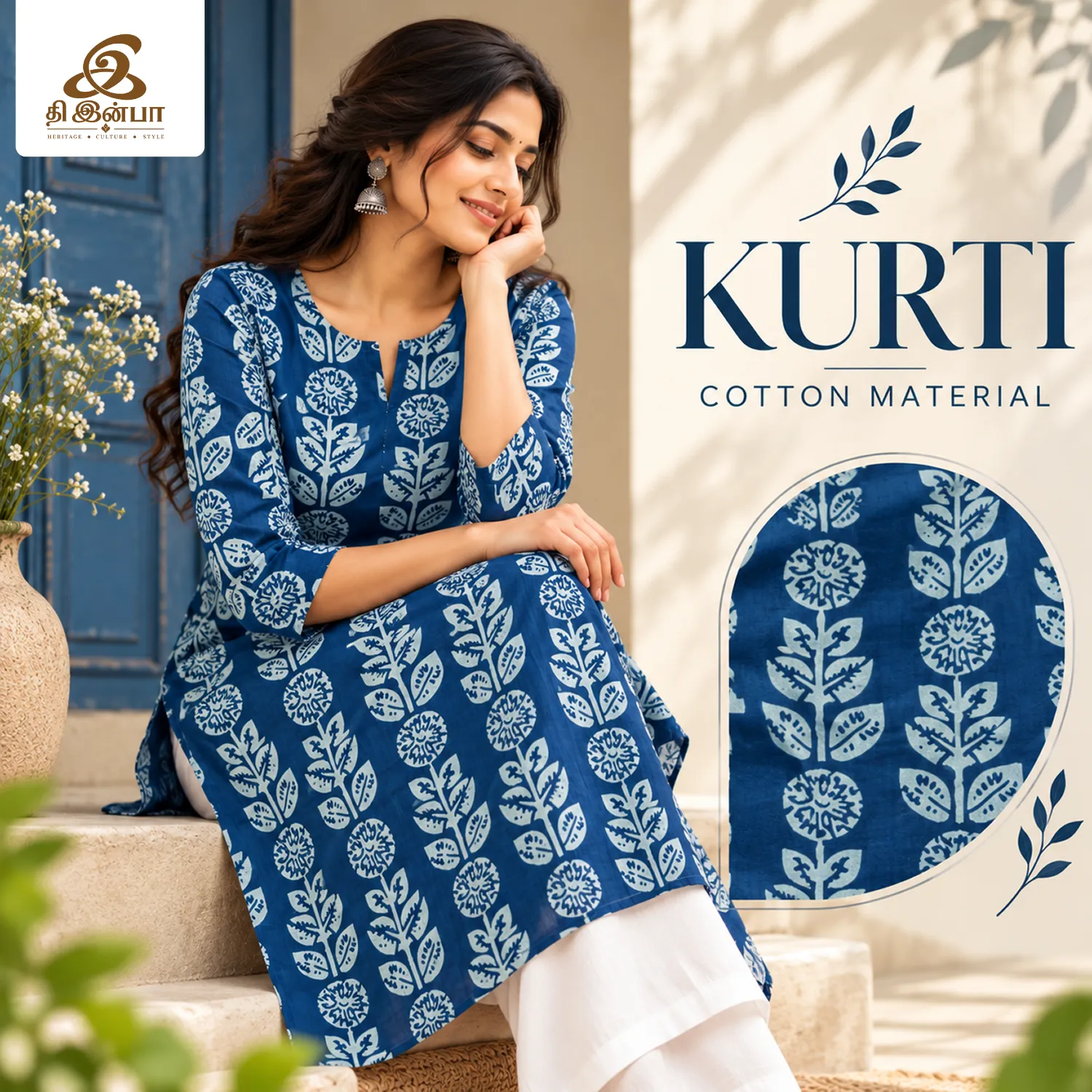 Navy Blue Floral Printed Cotton Kurti