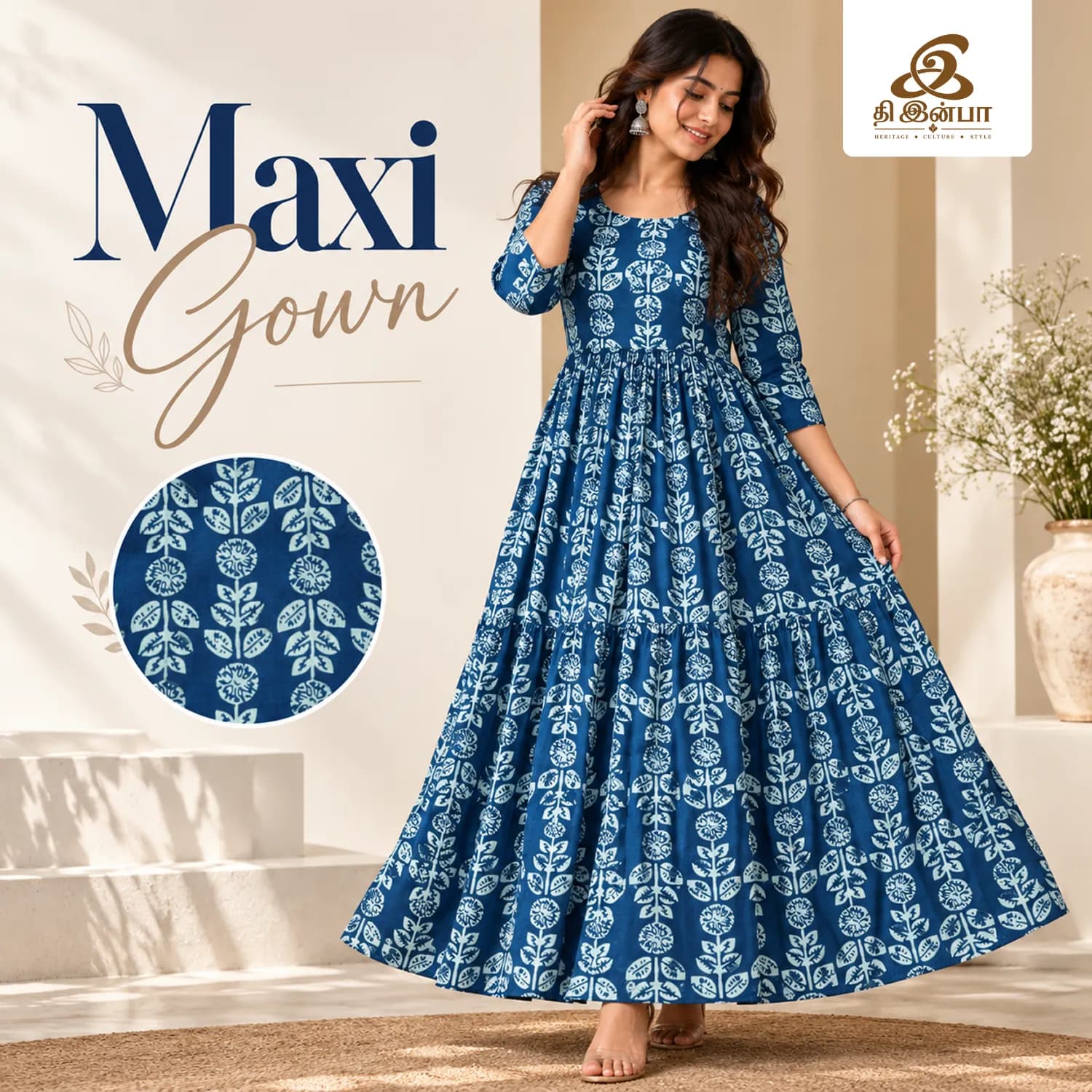 Teal Blue Printed Maxi Gown