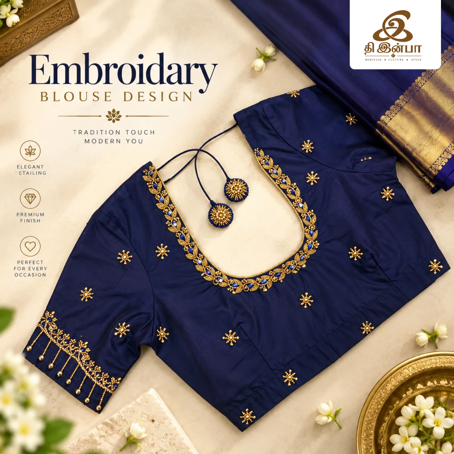Navy Blue & Gold Embroidery Blouse