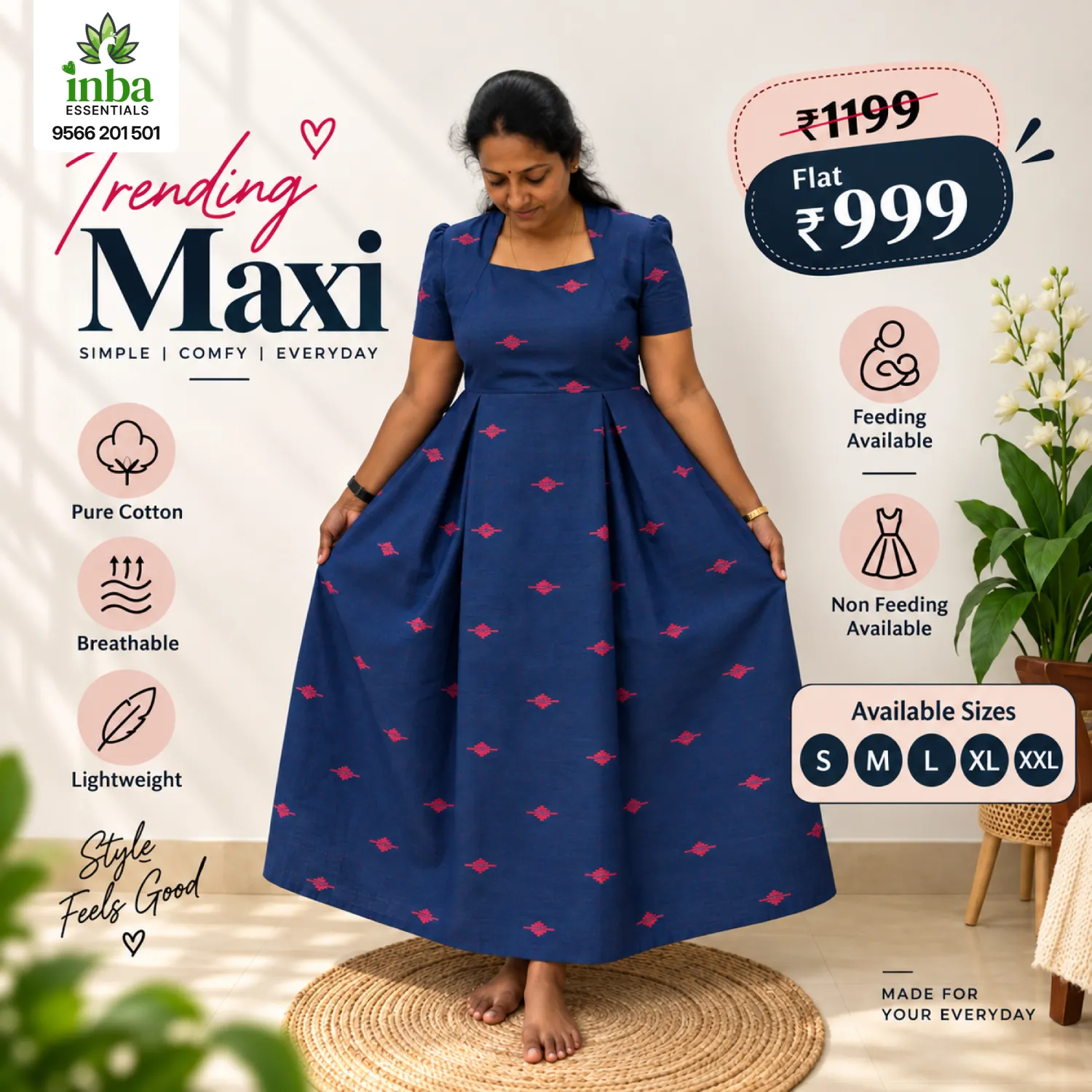 Stitched Navy Blue Printed Maxi | Include Lining