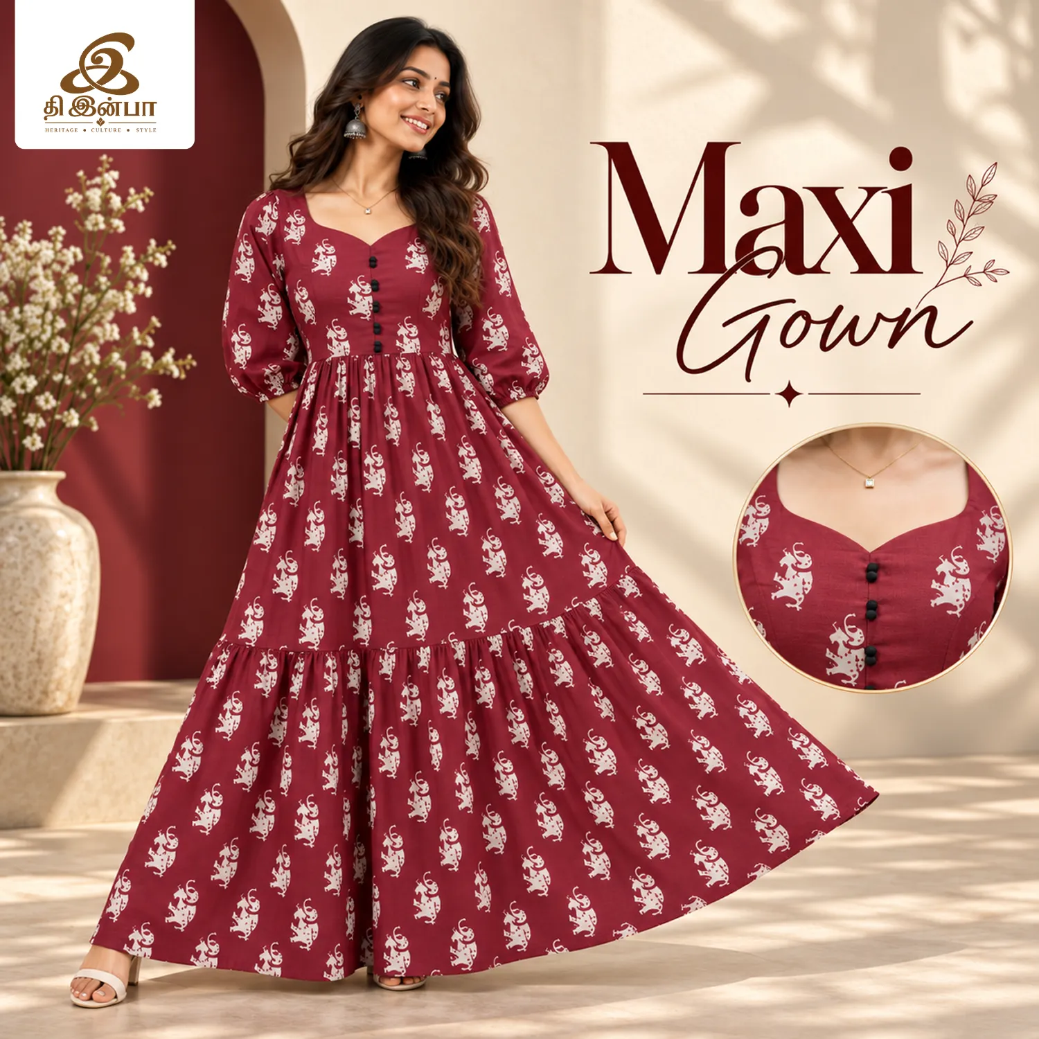 Wine Floral Printed Maxi Gown