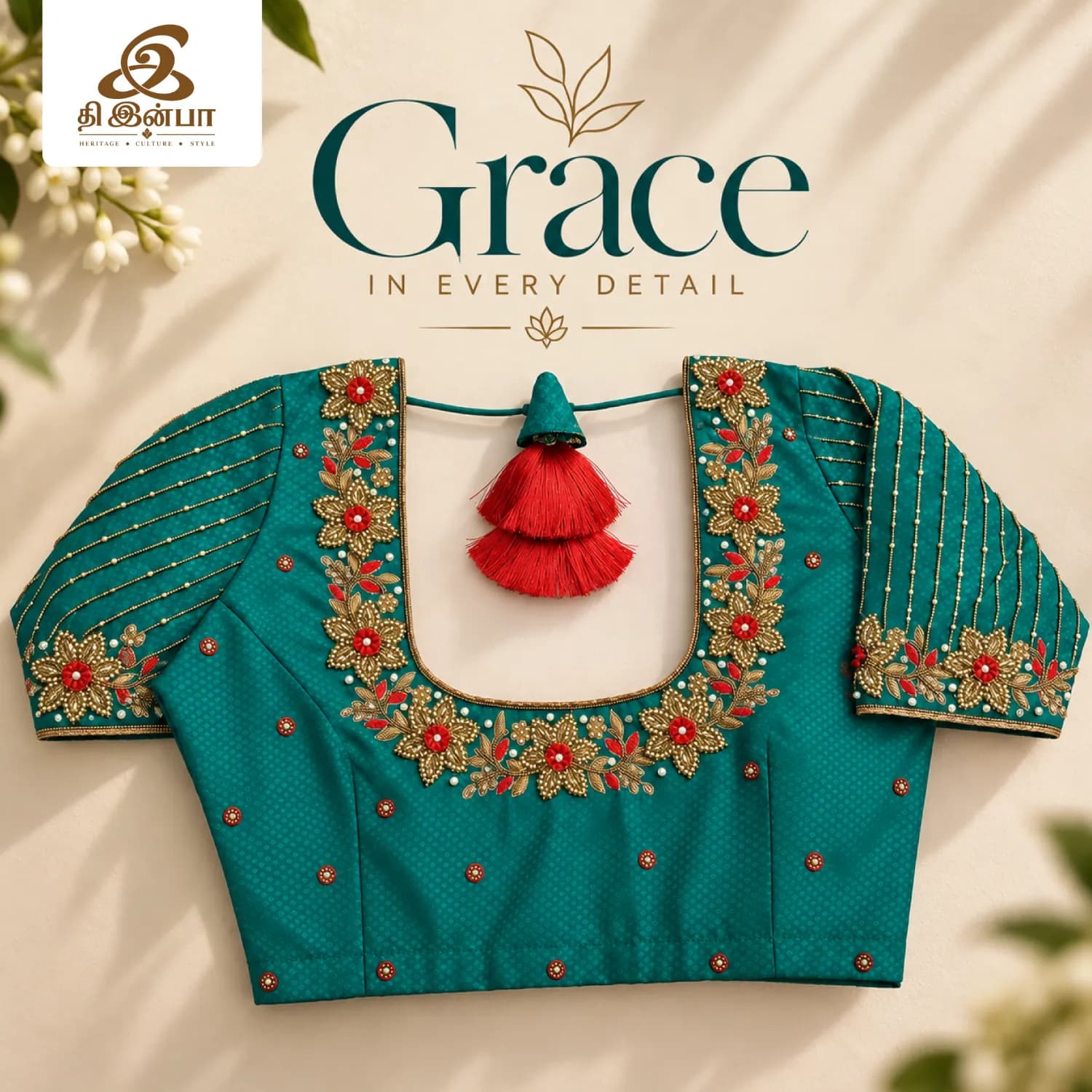 Teal Floral Embroidery Blouse