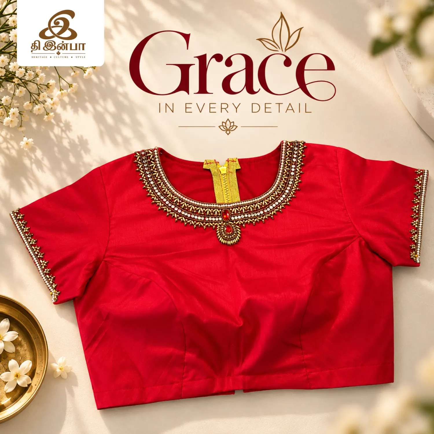 Red Gold-Detail Embroidery Blouse