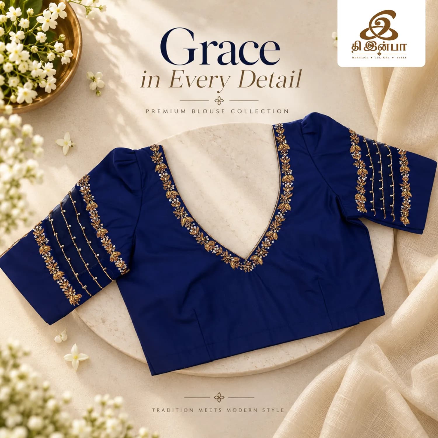 Navy Blue Gold-Embroidery Blouse