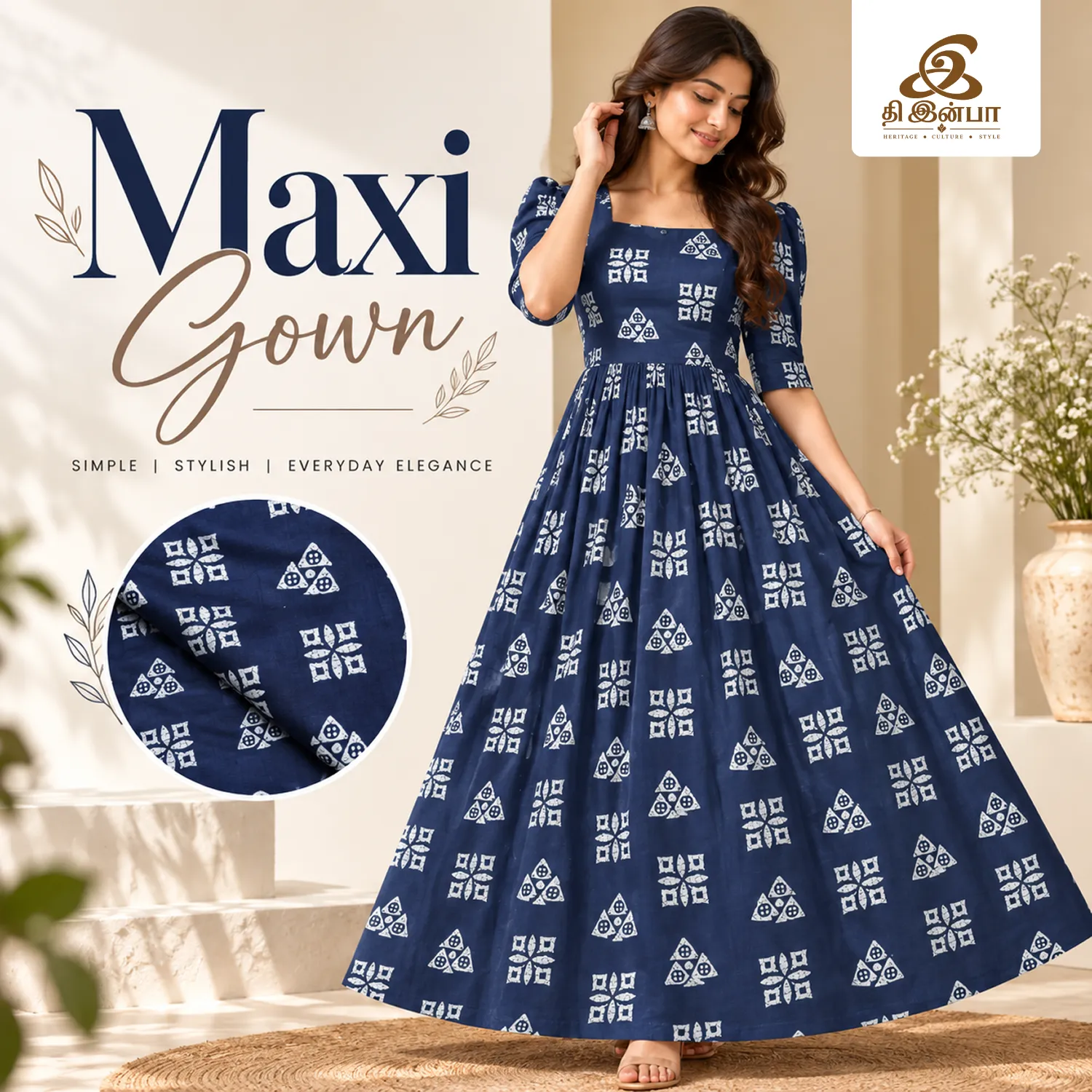 Navy Blue Printed Maxi Gown