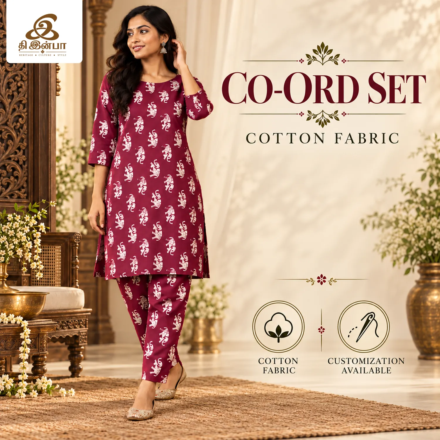 Wine Floral Cotton Co-Ord Set