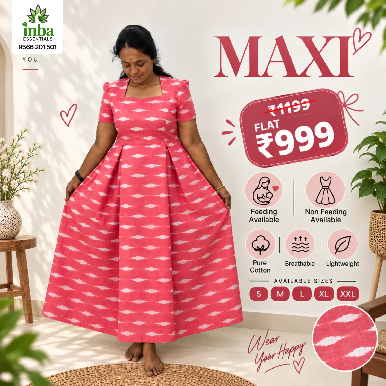 Stitched Coral Pink Printed Maxi | Includes Lining