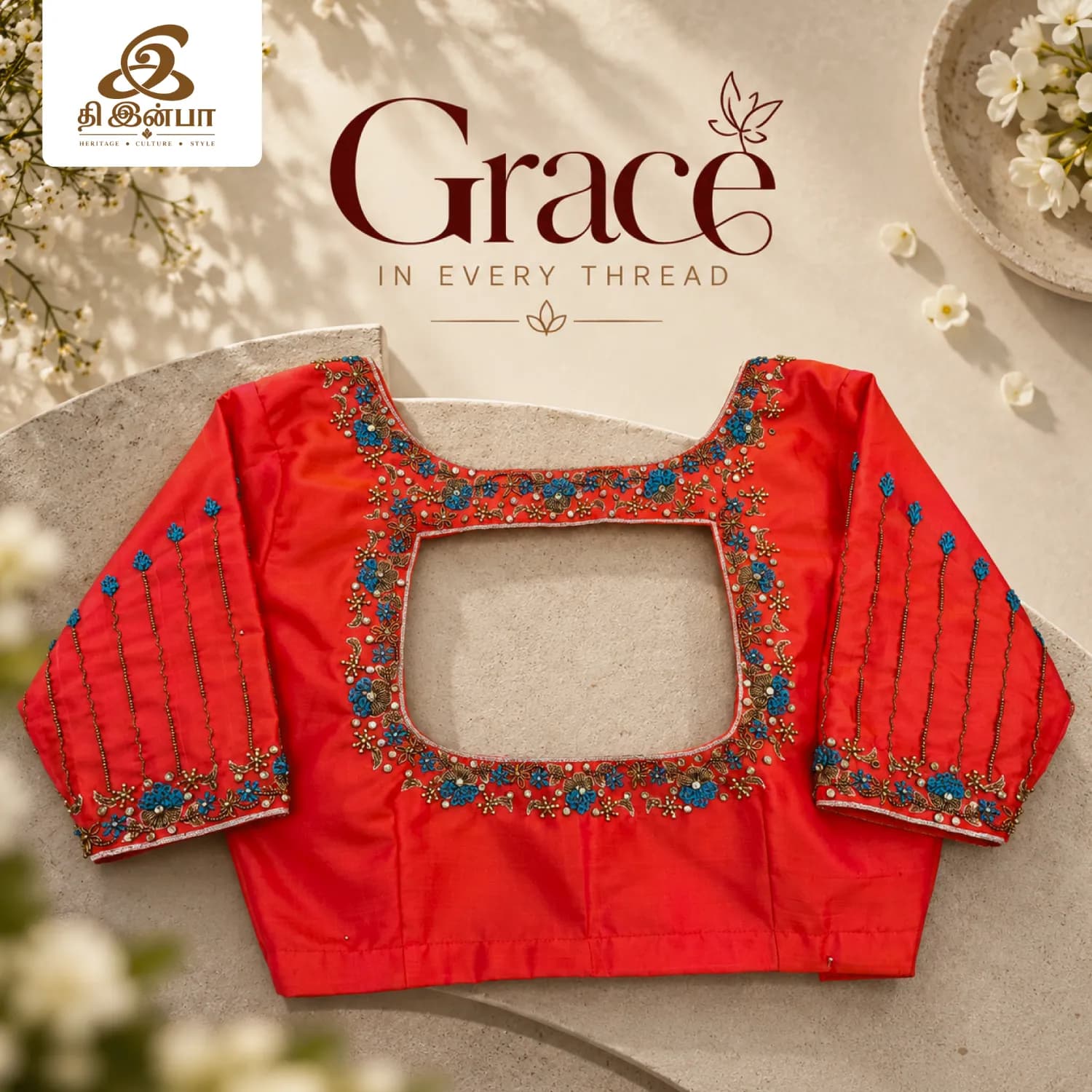 Coral Red Embroidery Blouse